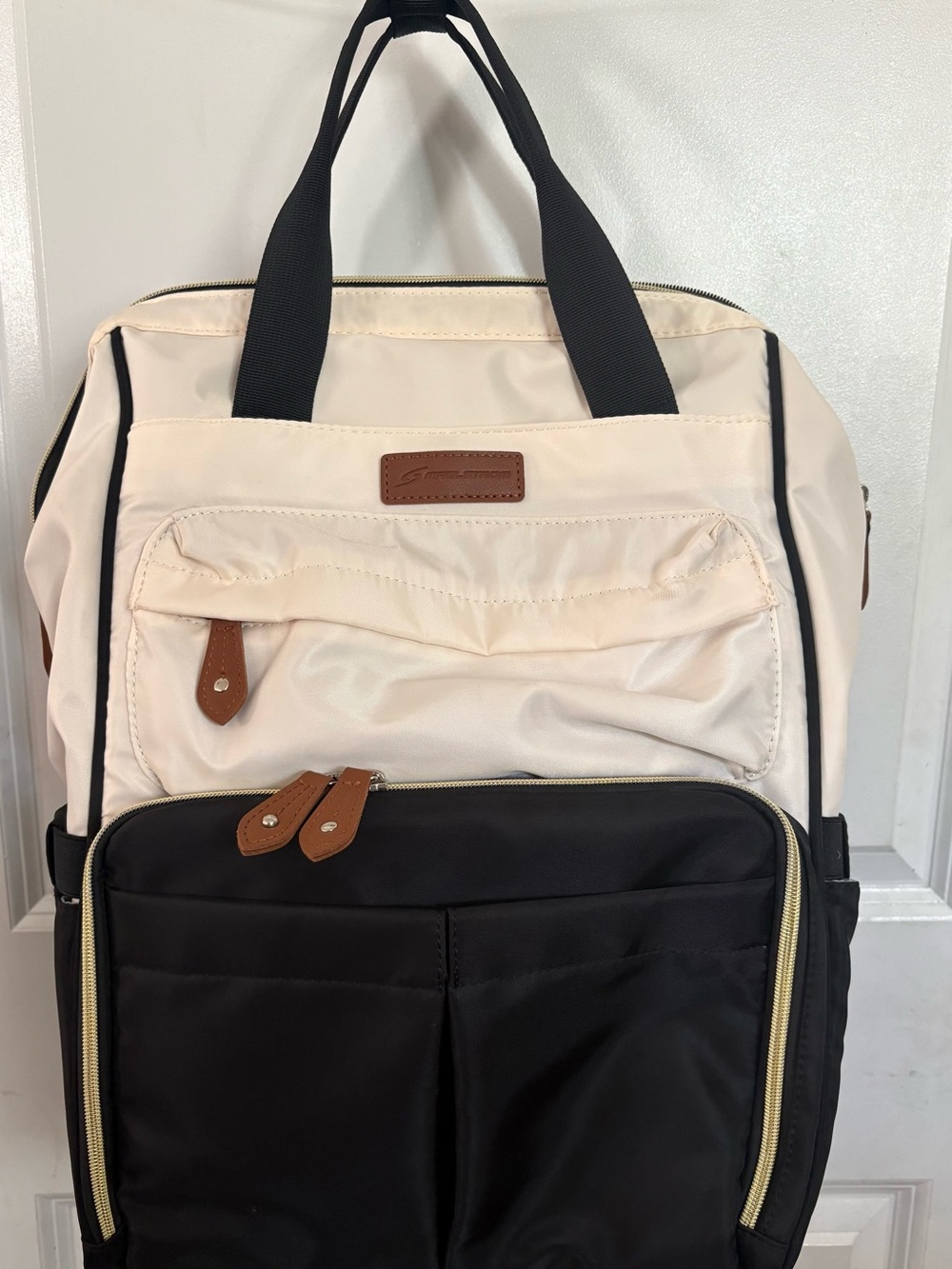 Two-Tone Black and Cream Women's Baby Bag Backpack